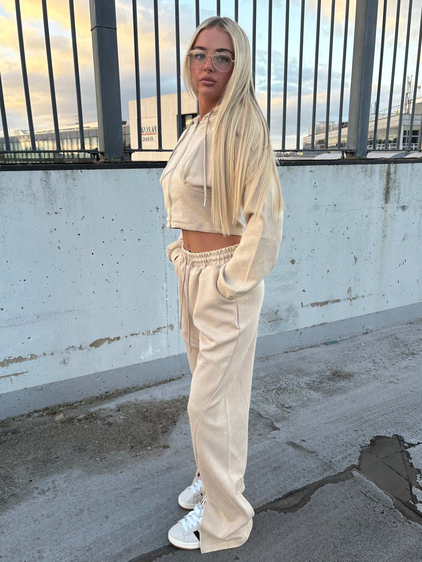 Beige Acid wash wide leg tracksuit