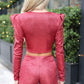 LIMITED EDITION HANDMADE & DESIGNED IN HOUSE: Burgundy sparkle flared trousers and top set
