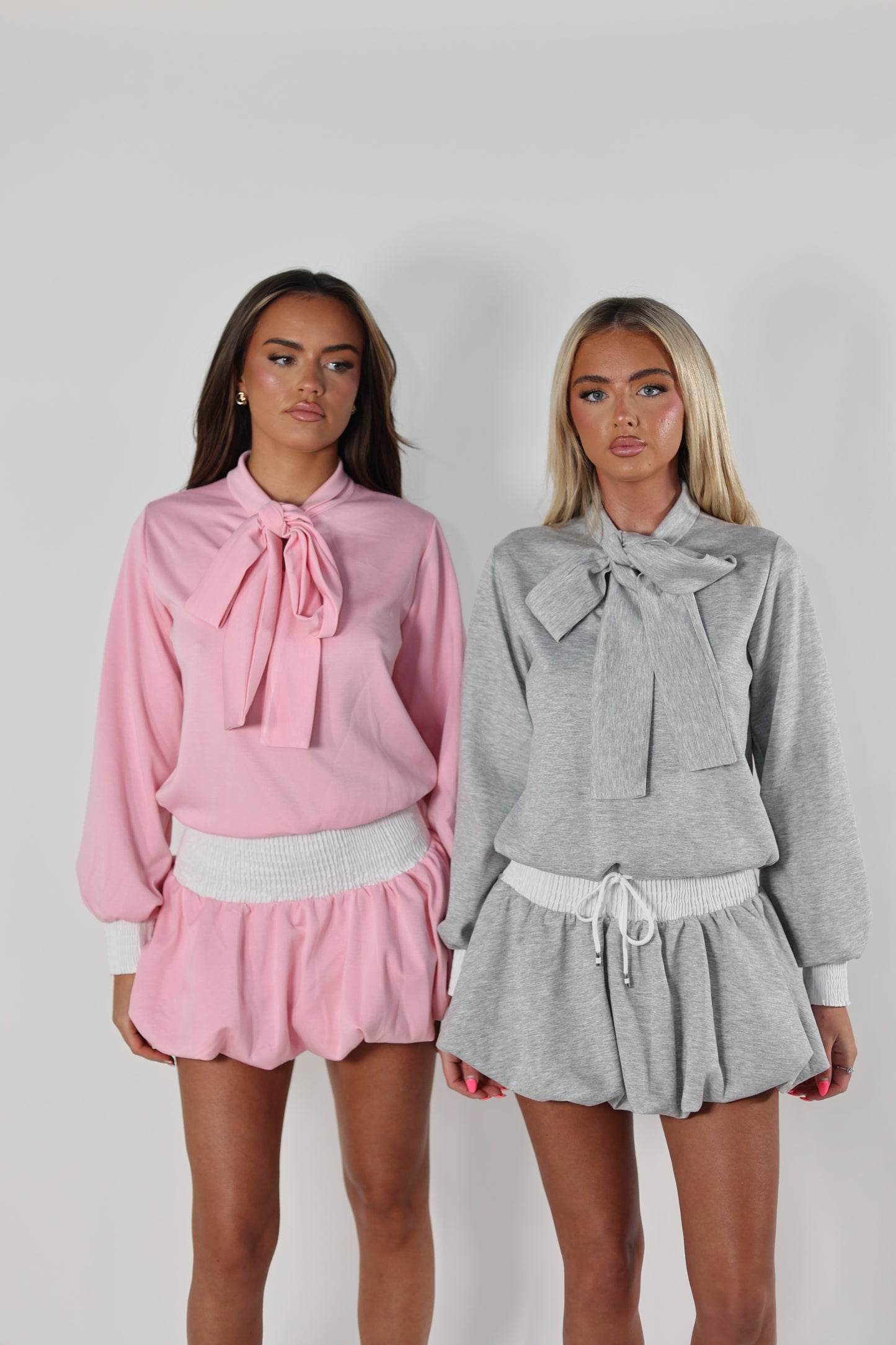 Grey bow blouse and puff ball skirt set