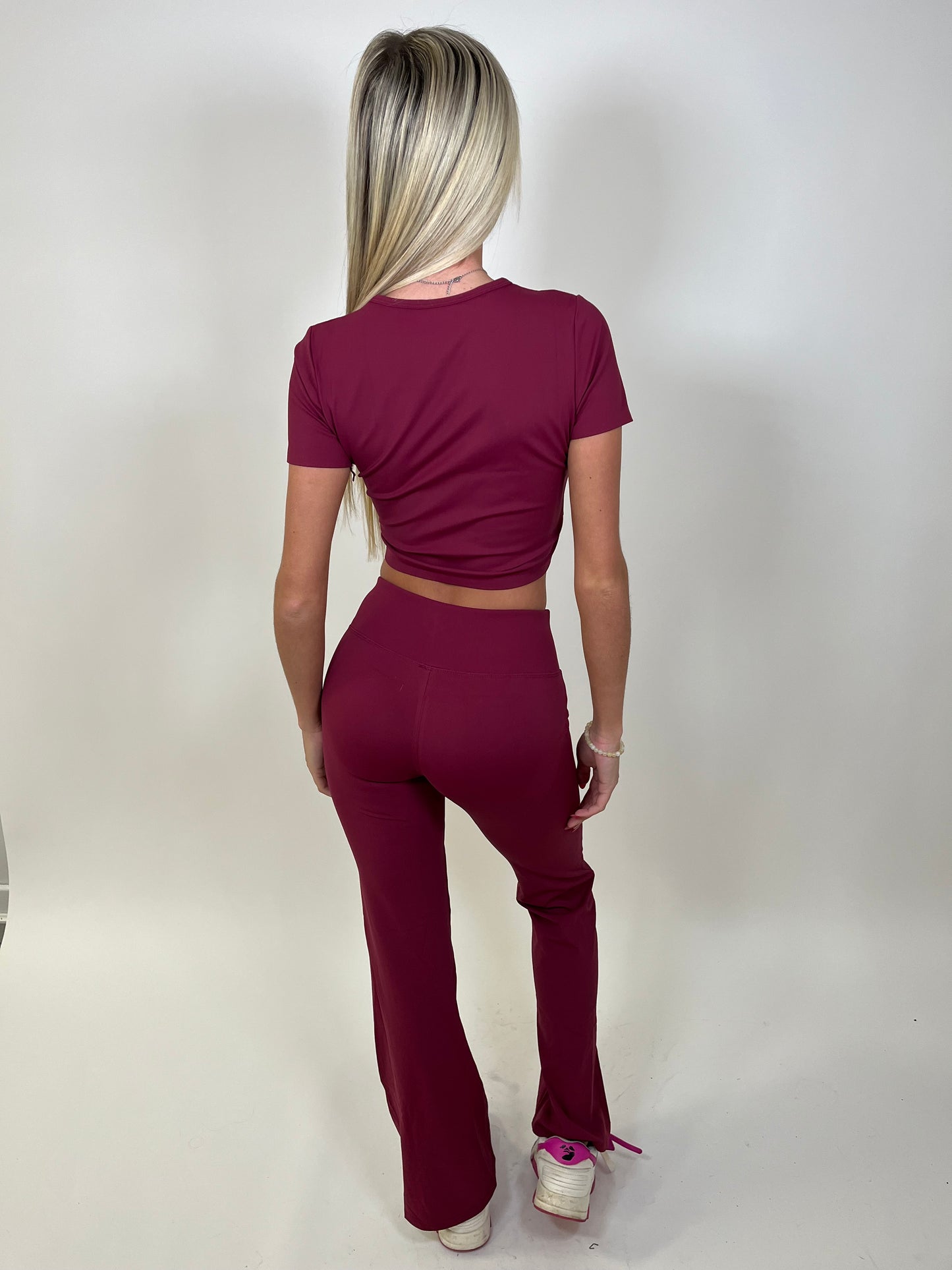 Sculpt burgundy crop top and flared leggings set