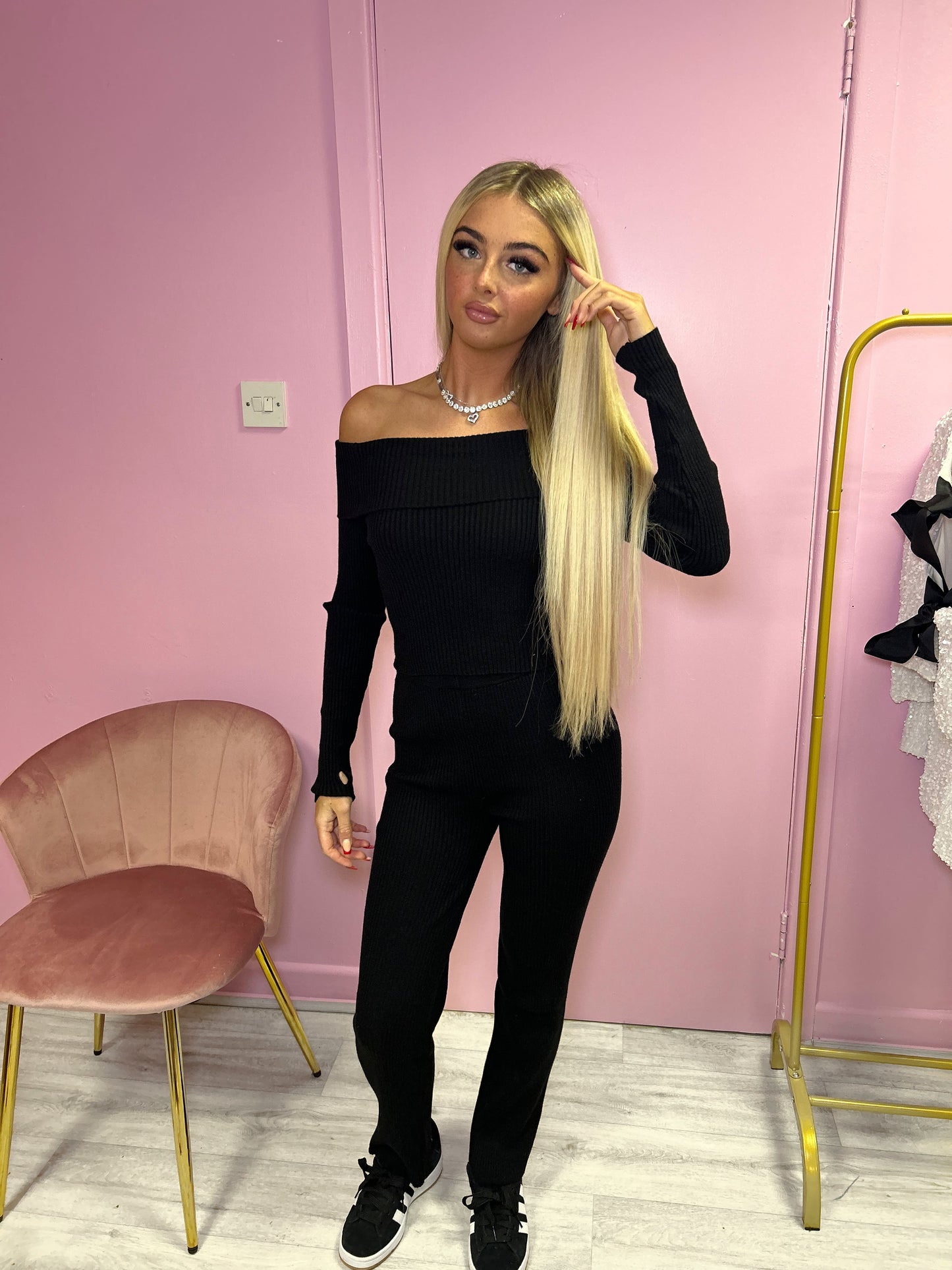 Black Off the shoulder knitted jumper and wide leg trouser set