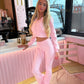 Pink cropped zip hoodie and bell bottom trouser set