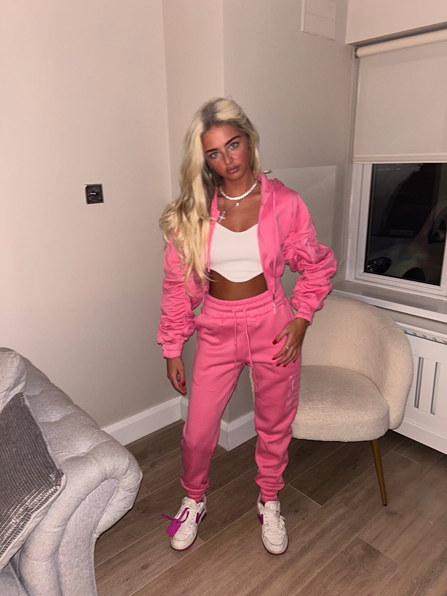 Pink ruched sleeve tracksuit