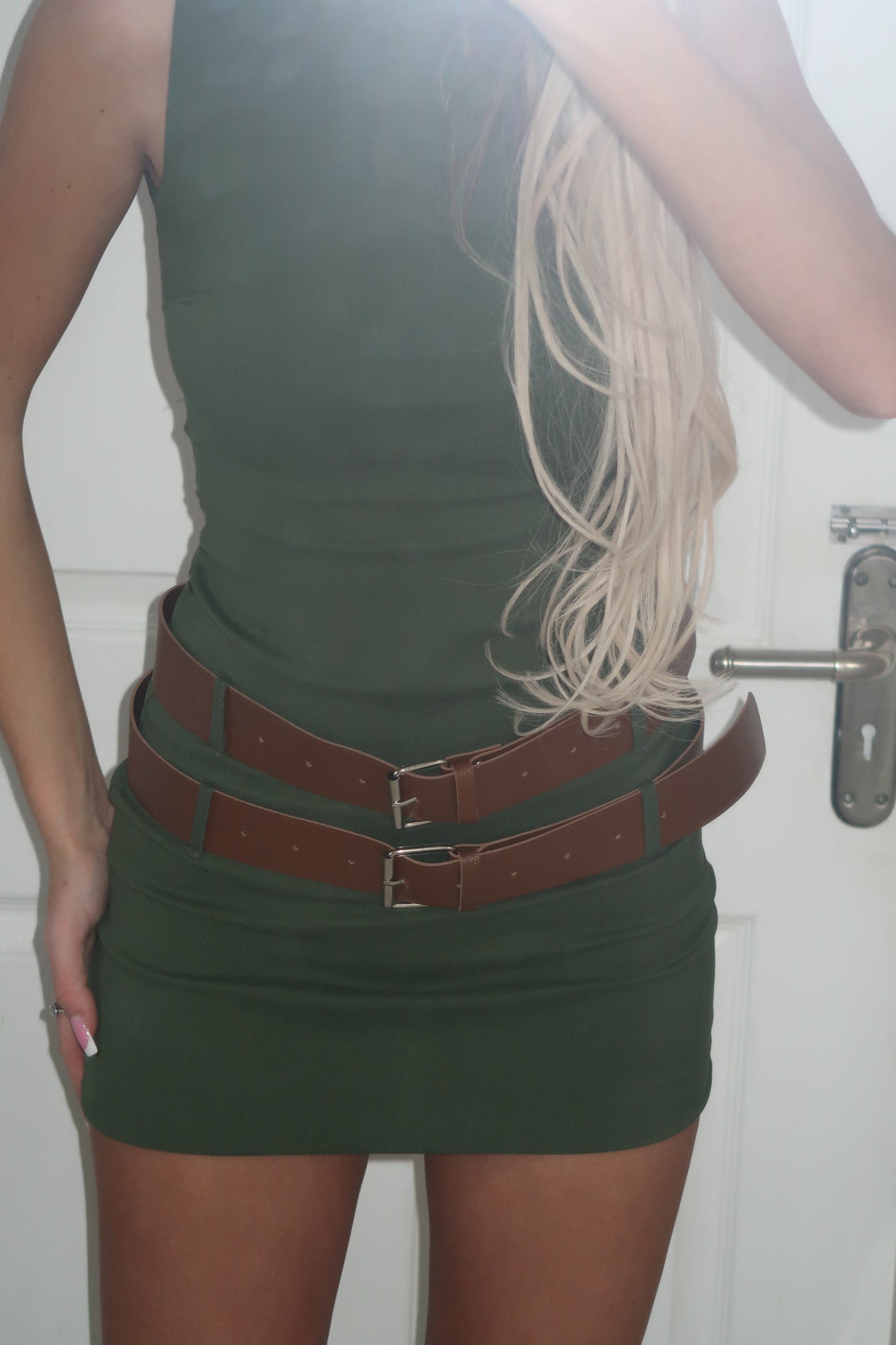 Khaki Double Belted Round Neck Mini Dress