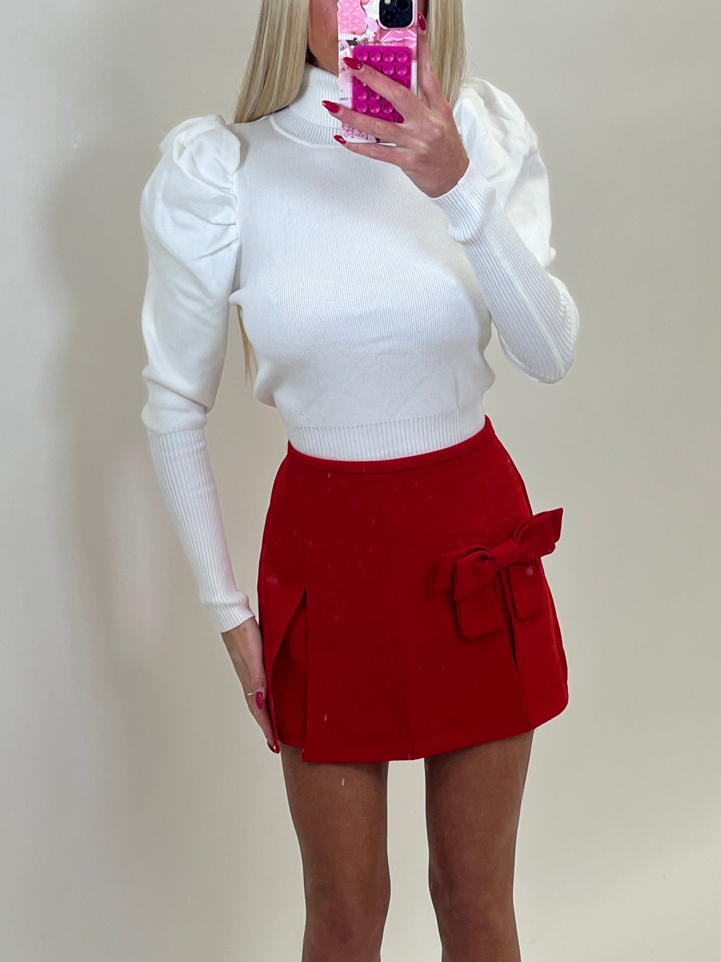Red bow front tailored skirt