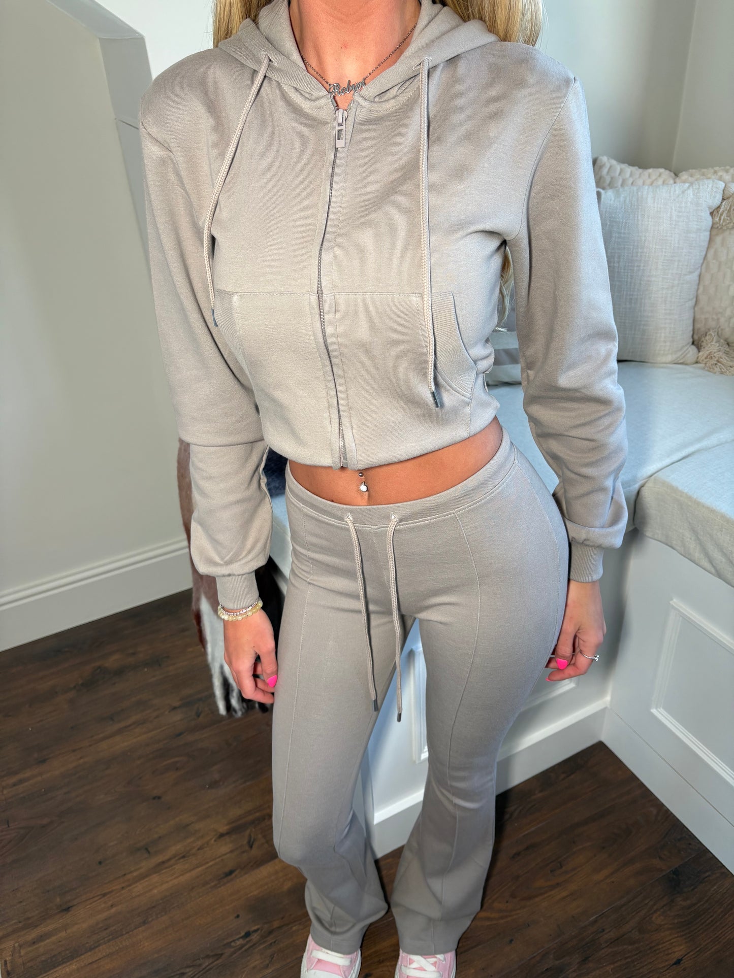 Taupe cropped zip hoodie and bell bottom trouser set