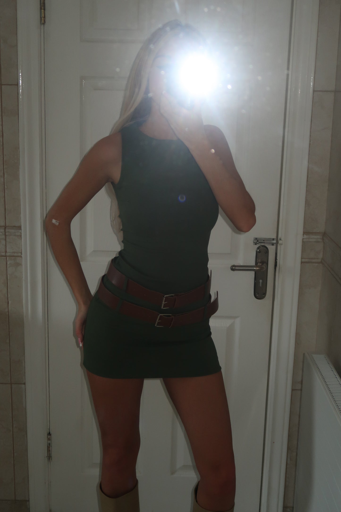 Khaki Double Belted Round Neck Mini Dress