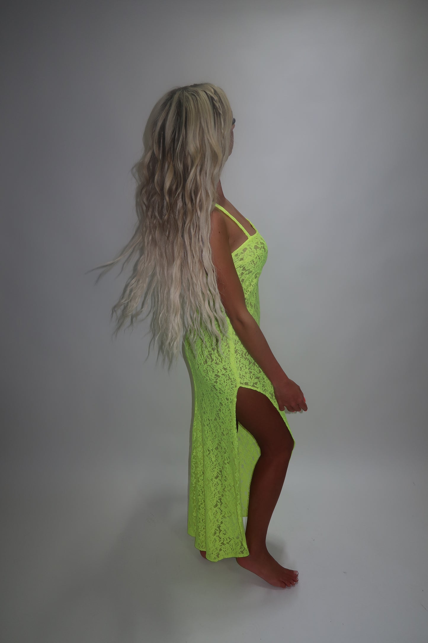 LIMITED EDITION HAND MADE AND DESIGNED IN HOUSE: Neon yellow Split leg dress