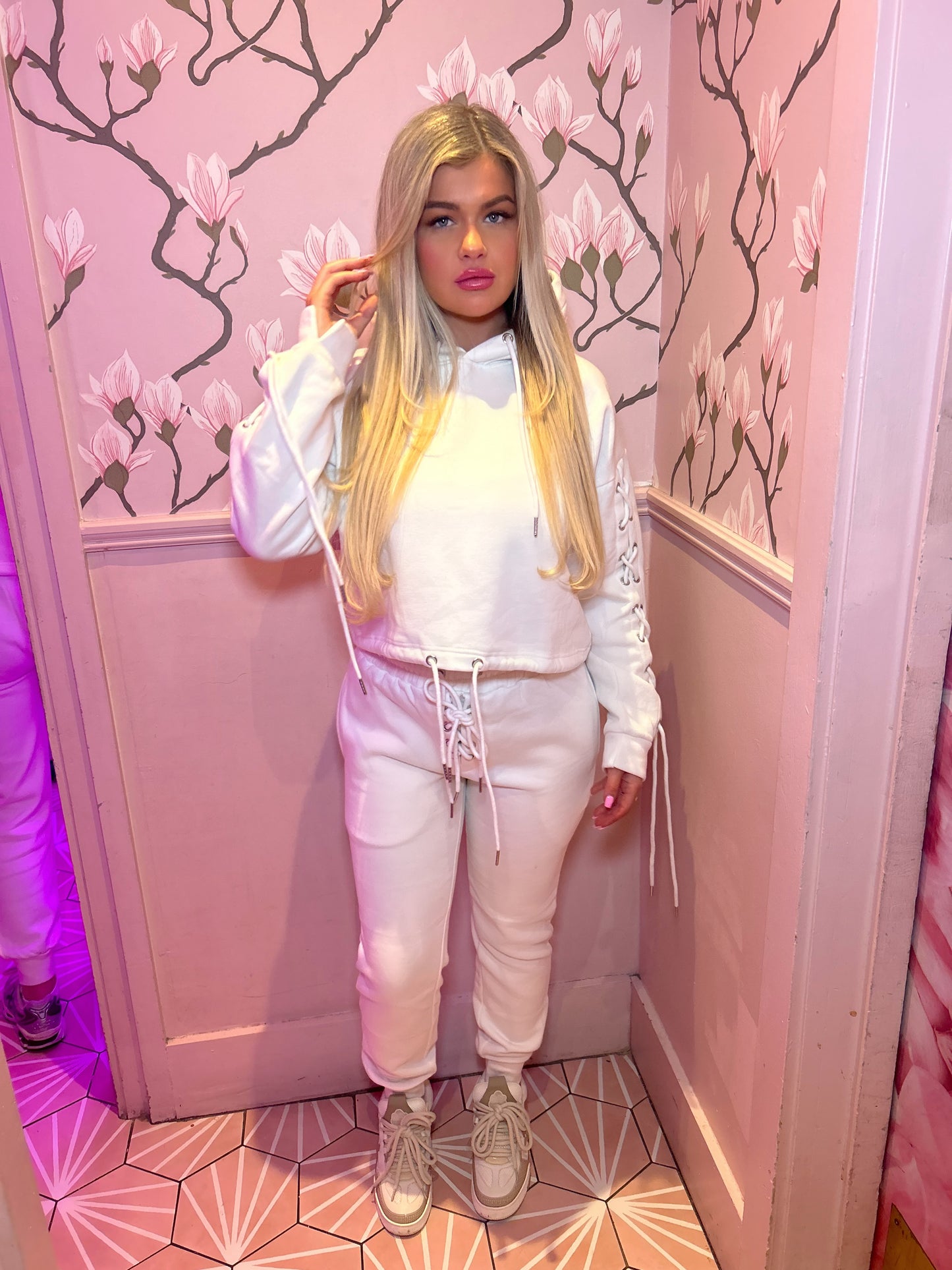 Off white Eyelet Lace Up Detail Hoodie & Jogger Fleece tracksuit