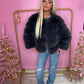 Dark charcoal grey NEW luxury faux fur coat 3/4 sleeve