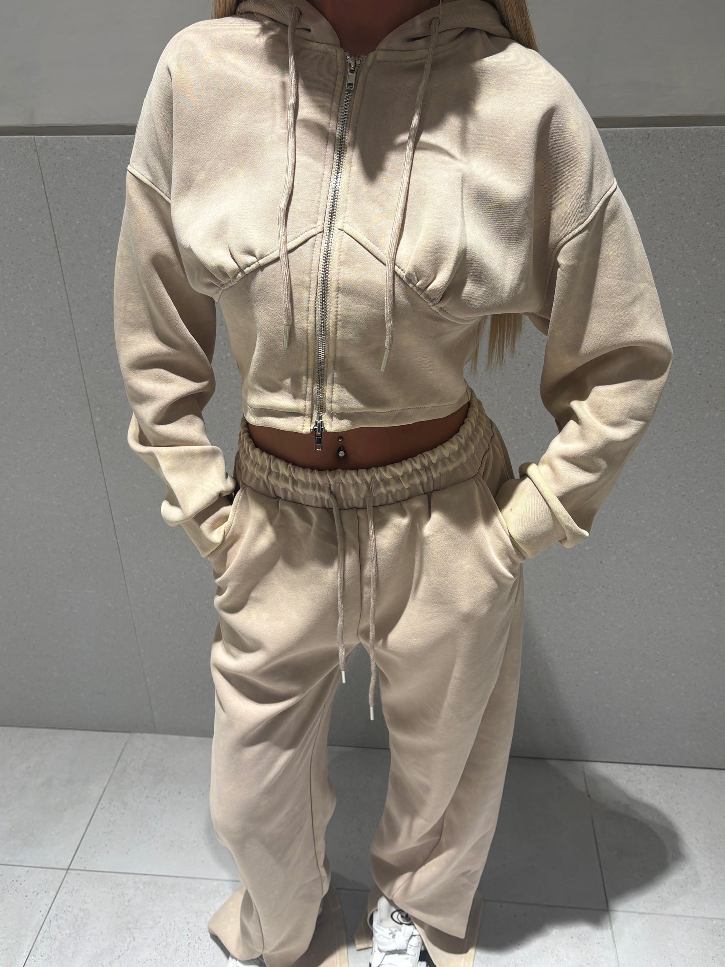 Beige Acid wash wide leg tracksuit