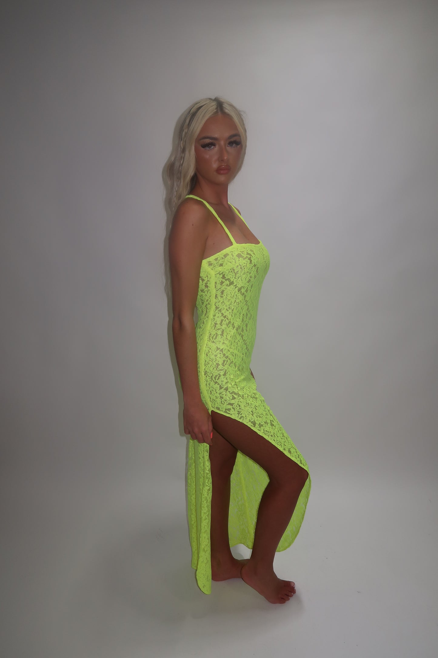LIMITED EDITION HAND MADE AND DESIGNED IN HOUSE: Neon yellow Split leg dress