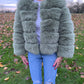 Luxury sage green 3/4 sleeve faux fur coat