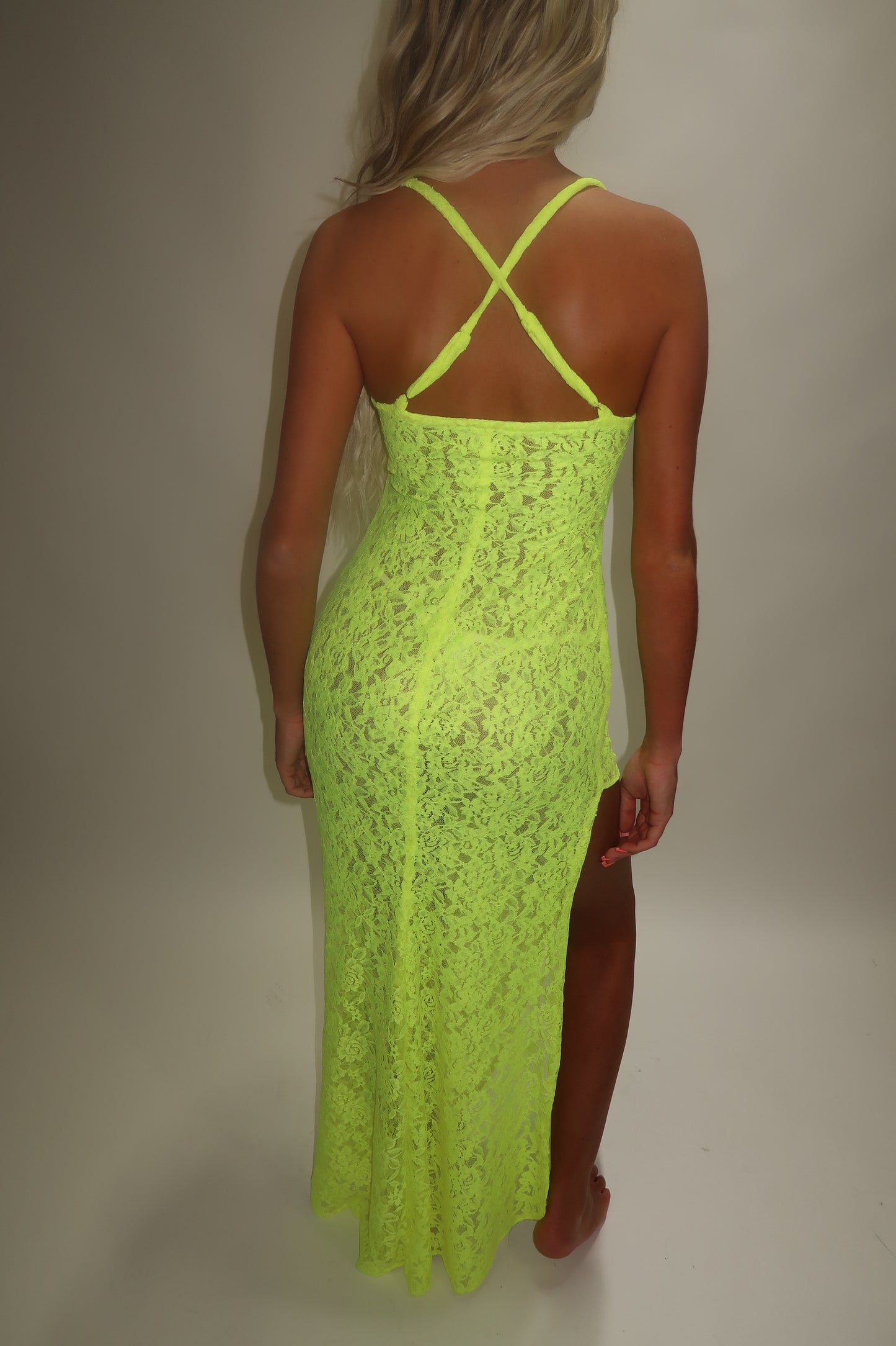 LIMITED EDITION HAND MADE AND DESIGNED IN HOUSE: Neon yellow Split leg dress
