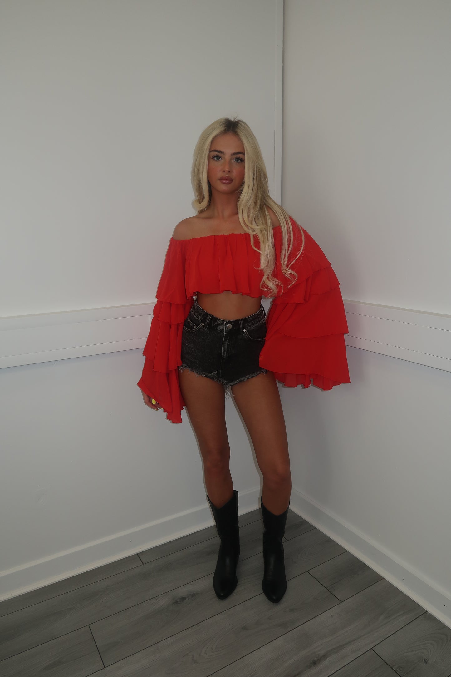 Red chiffon layered Bardot top