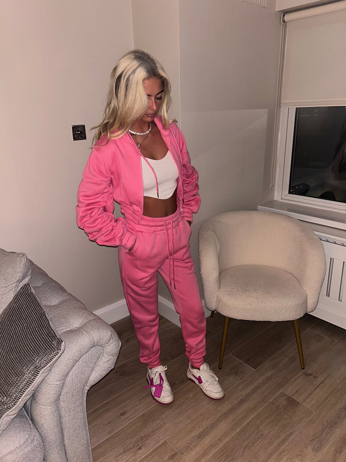 Pink ruched sleeve tracksuit