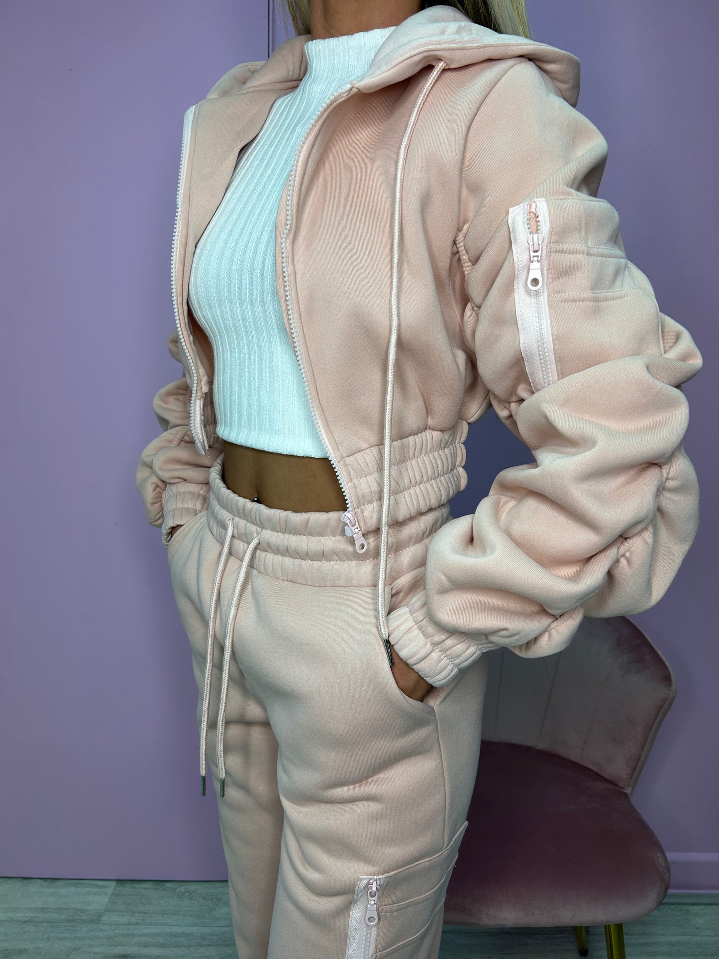 Blush pink ruched sleeve tracksuit
