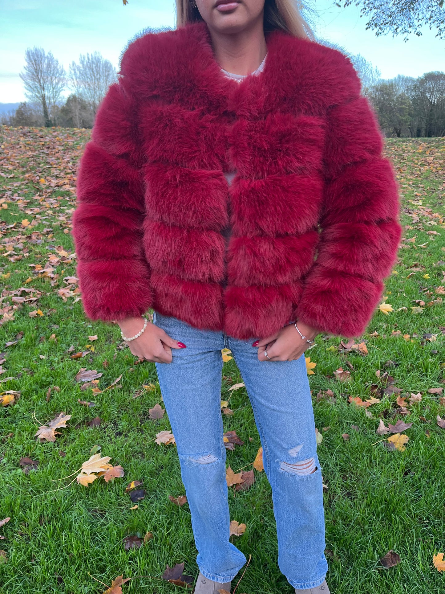 Luxury wine faux fur 3/4 sleeve coat