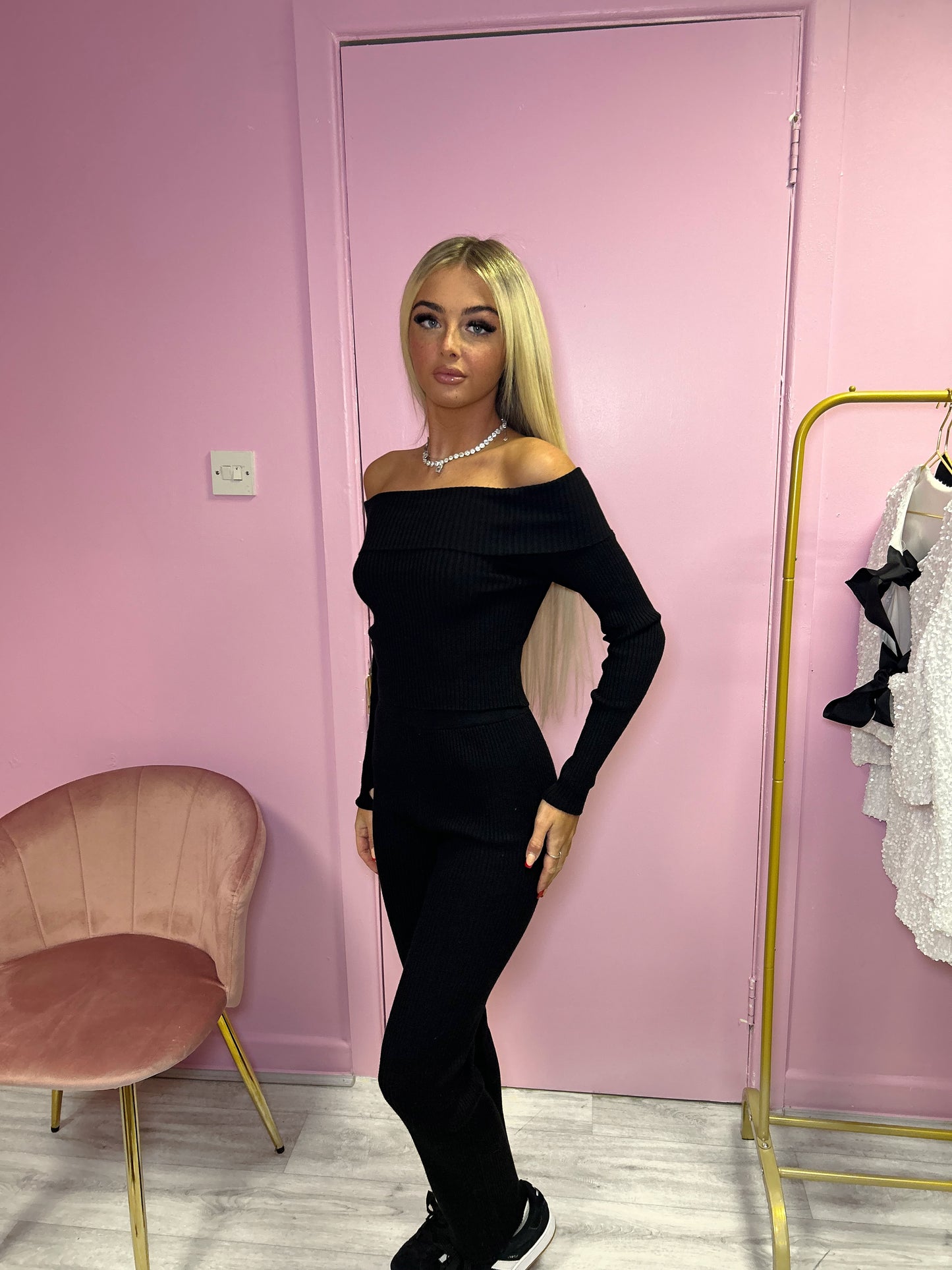 Black Off the shoulder knitted jumper and wide leg trouser set