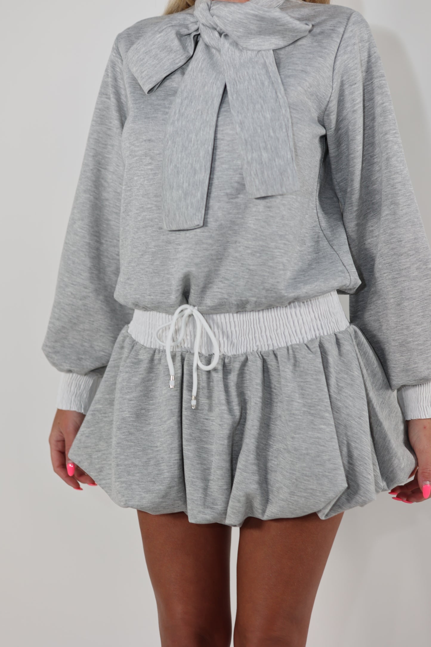 Grey bow blouse and puff ball skirt set