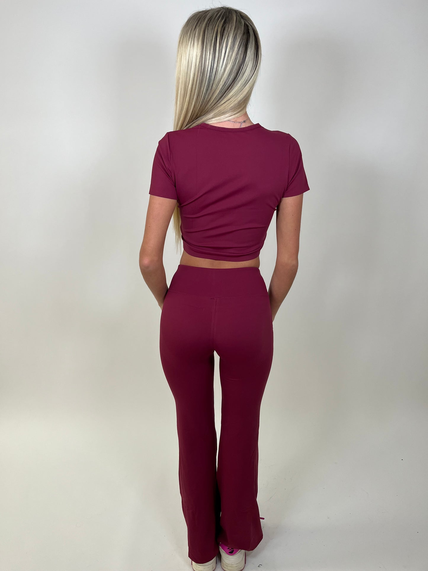 Sculpt burgundy crop top and flared leggings set