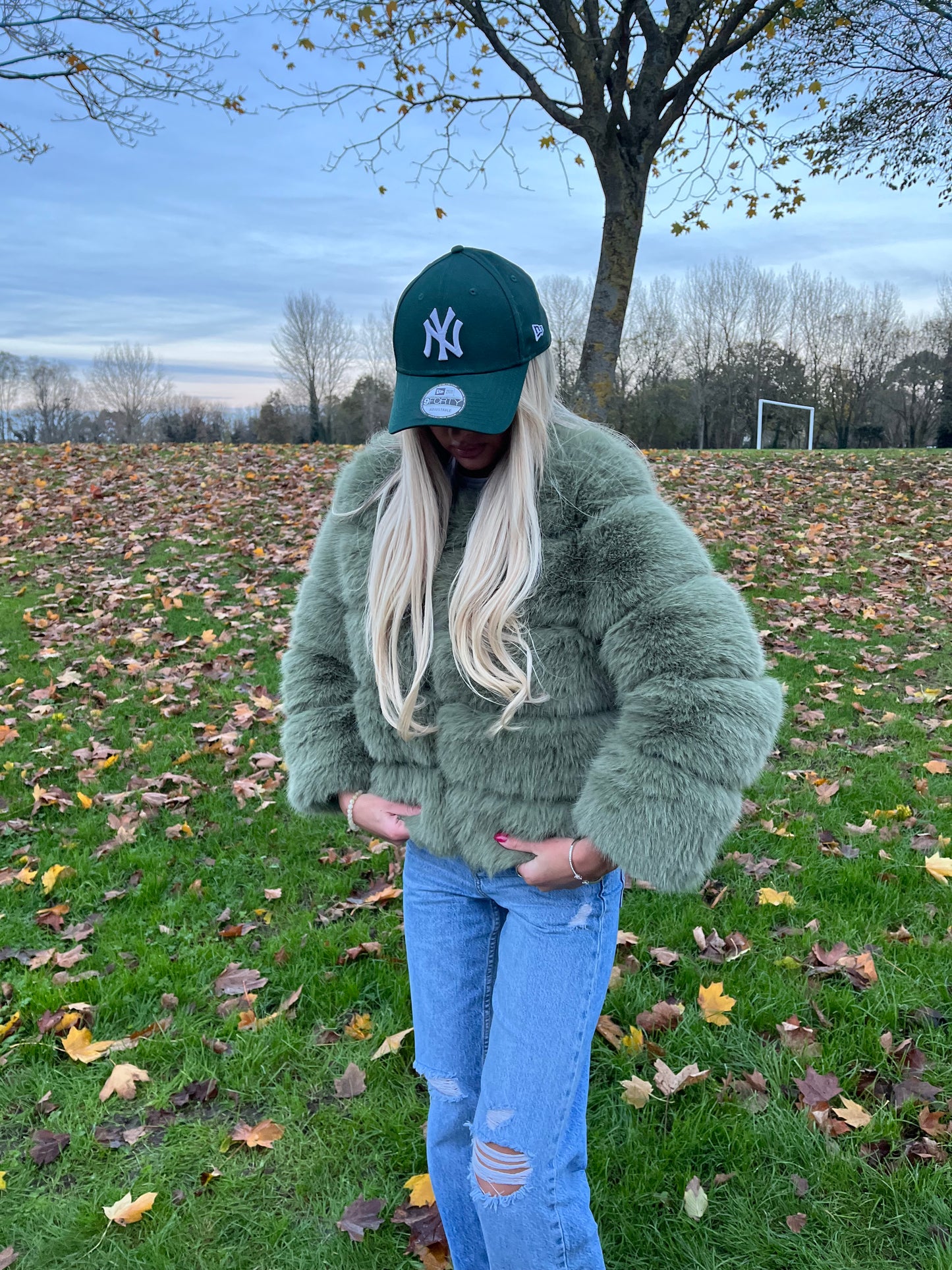 Luxury sage green 3/4 sleeve faux fur coat