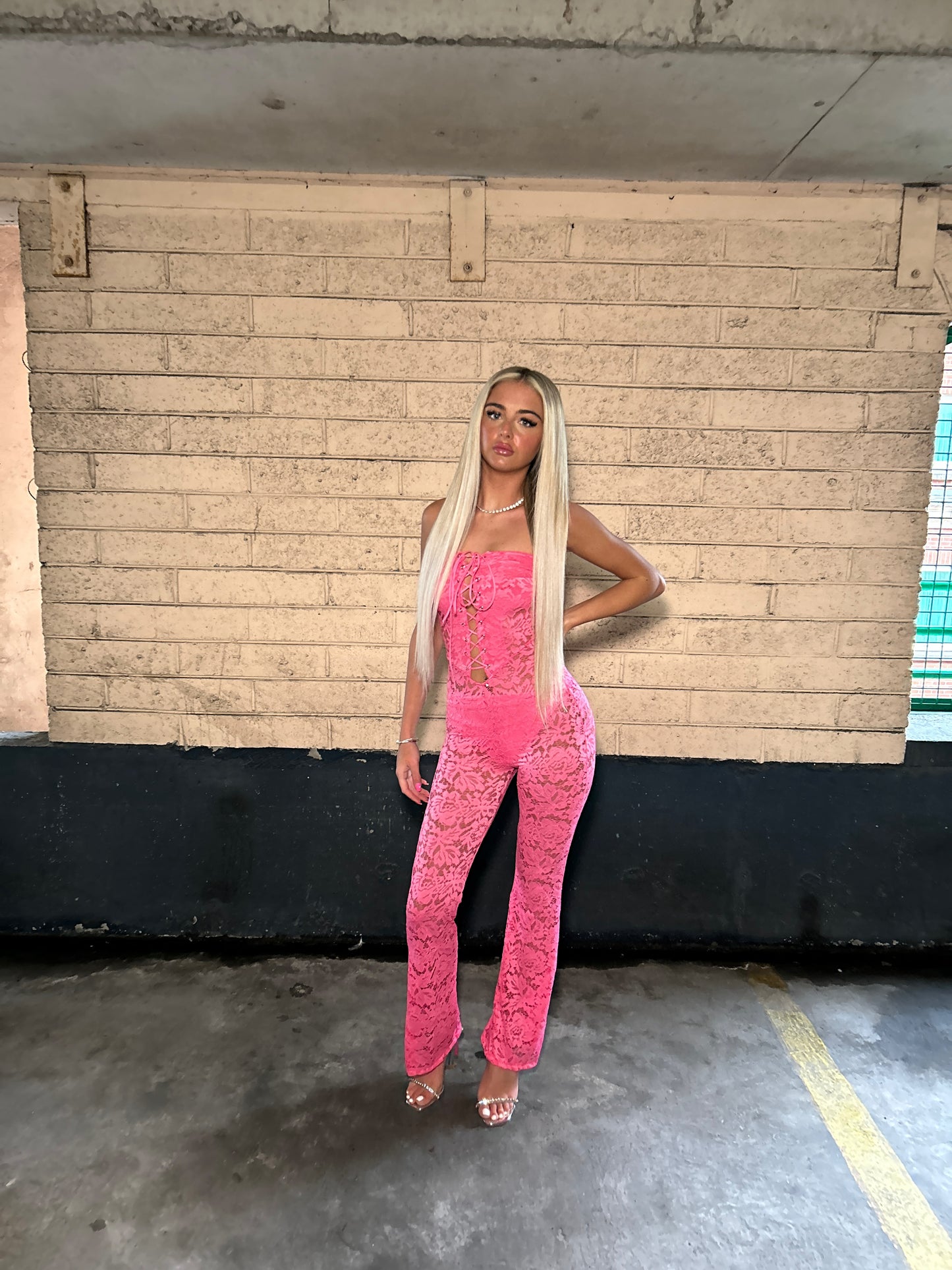 Pink lace tie front jumpsuit