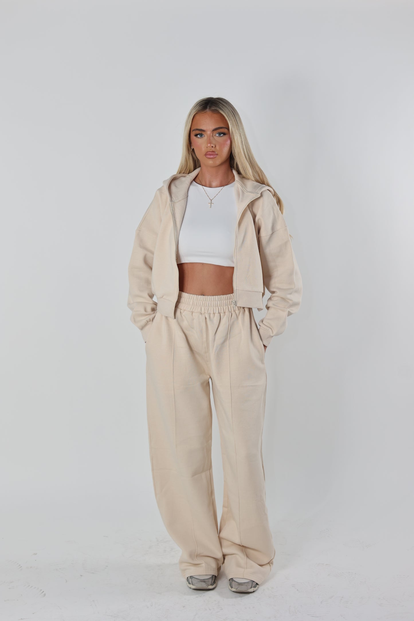 Beige iconic zip up hoodie