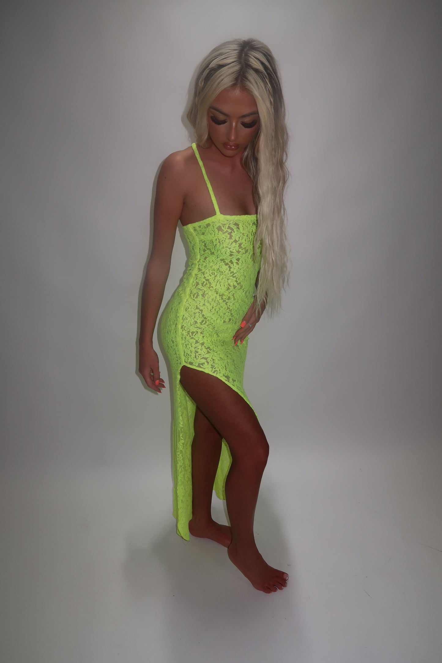 LIMITED EDITION HAND MADE AND DESIGNED IN HOUSE: Neon yellow Split leg dress