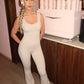 Beige cut out back ruched push-up jumpsuit
