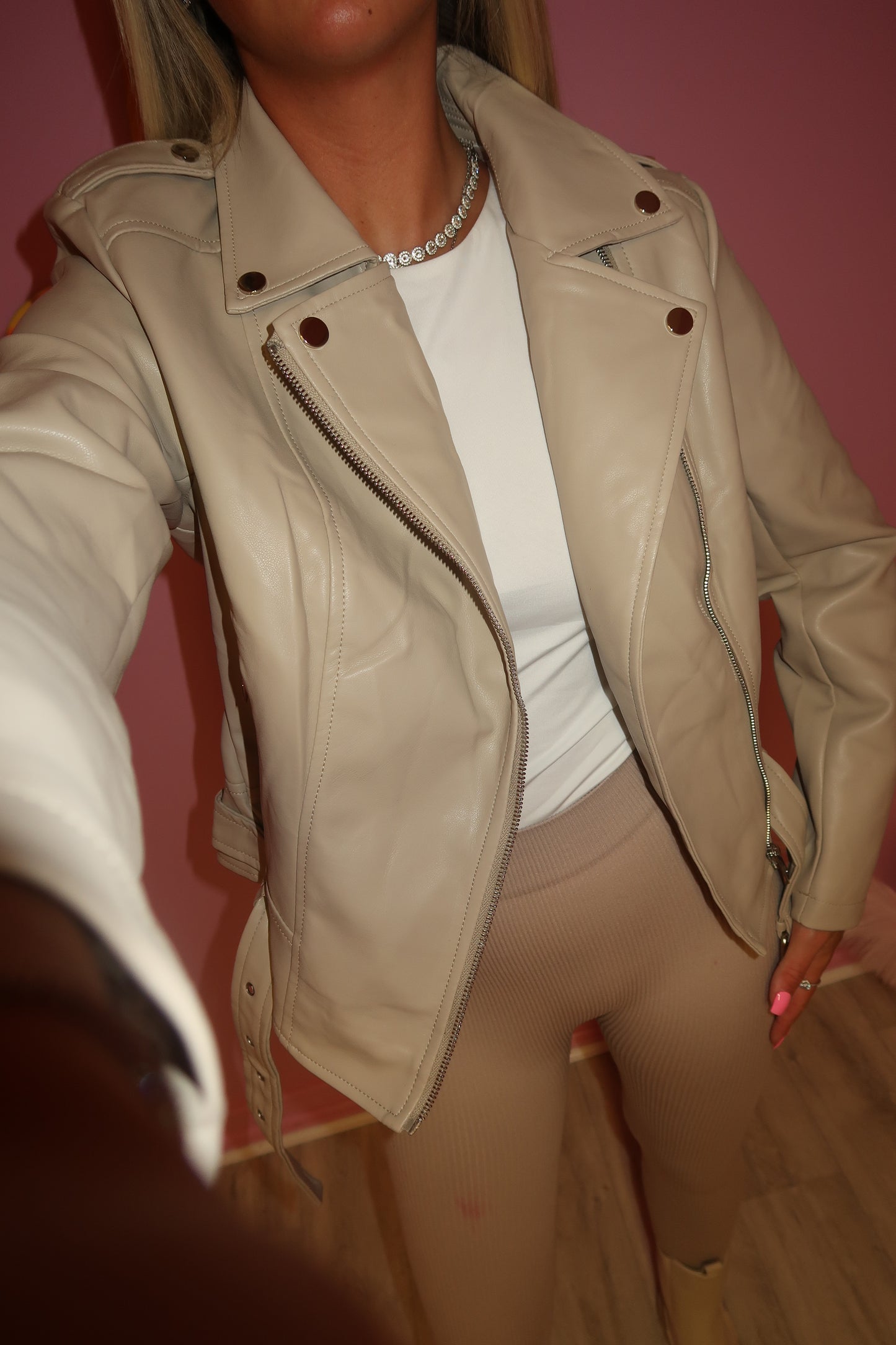 PU Cream Belted Zip Up Biker Jacket