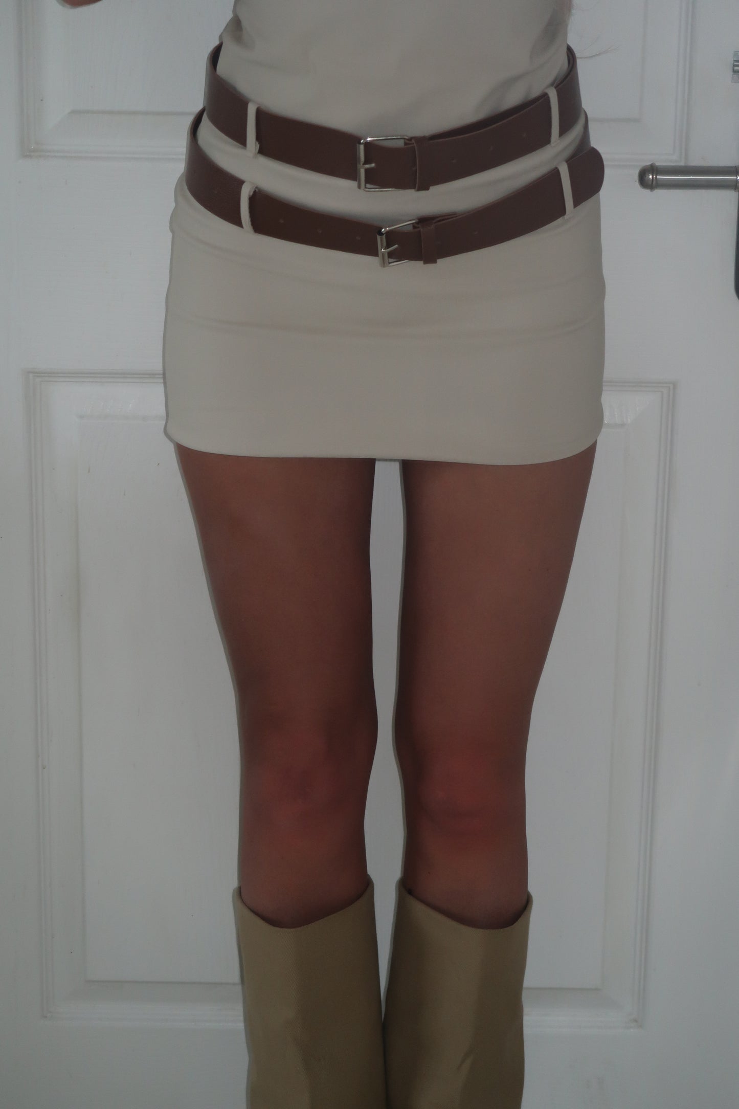 Beige Double Belted Round Neck Mini Dress