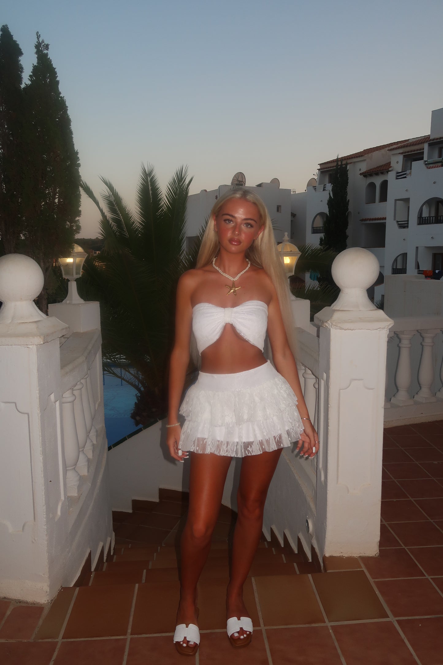 LIMITED EDITION HAND MADE AND DESIGNED IN HOUSE: White shimmer frilly Rara skirt co-ord