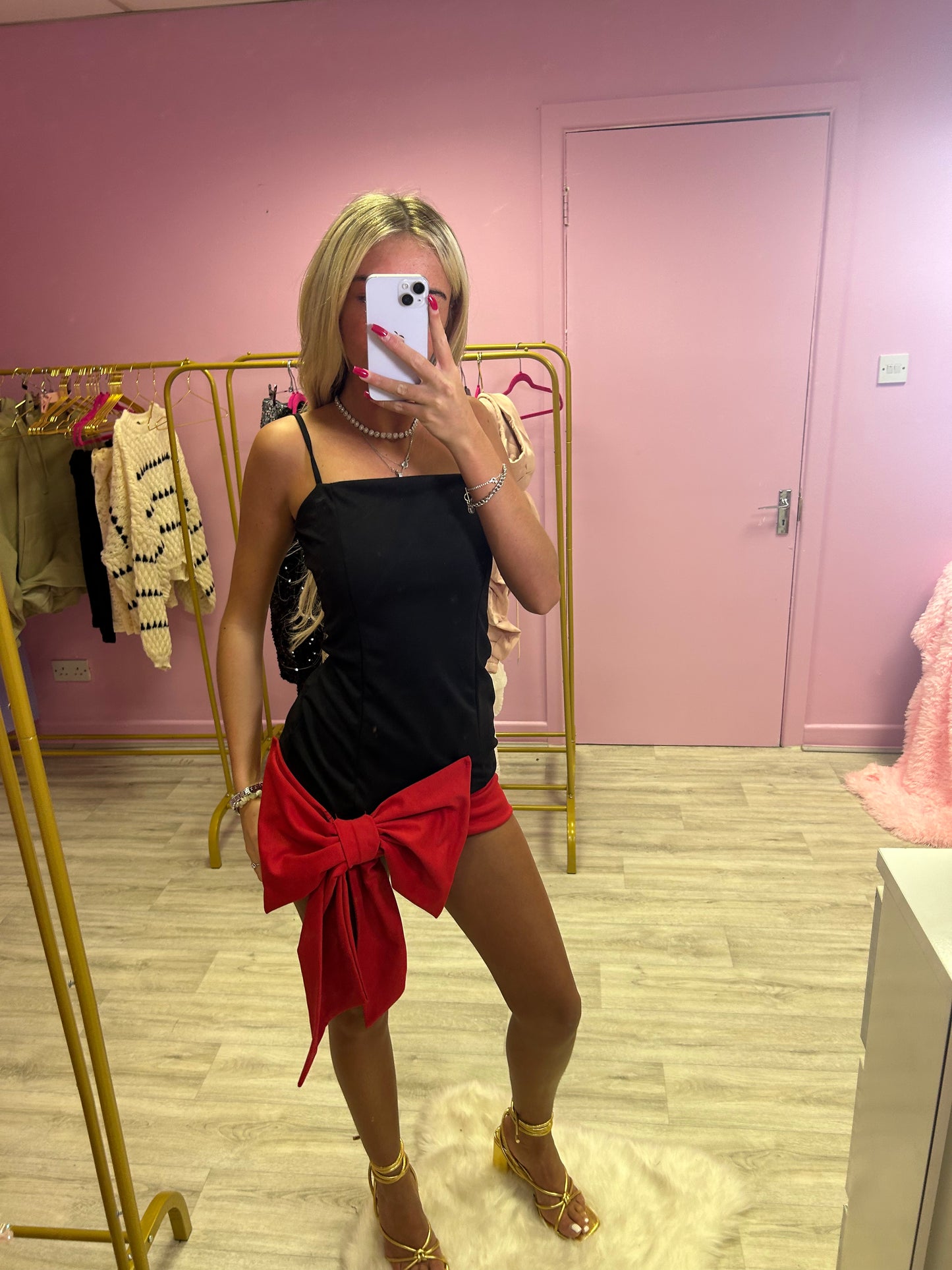 Black and red bow front mini dress
