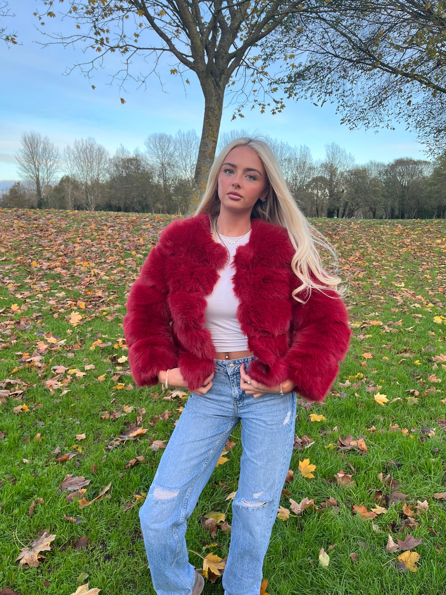 Luxury wine faux fur 3/4 sleeve coat
