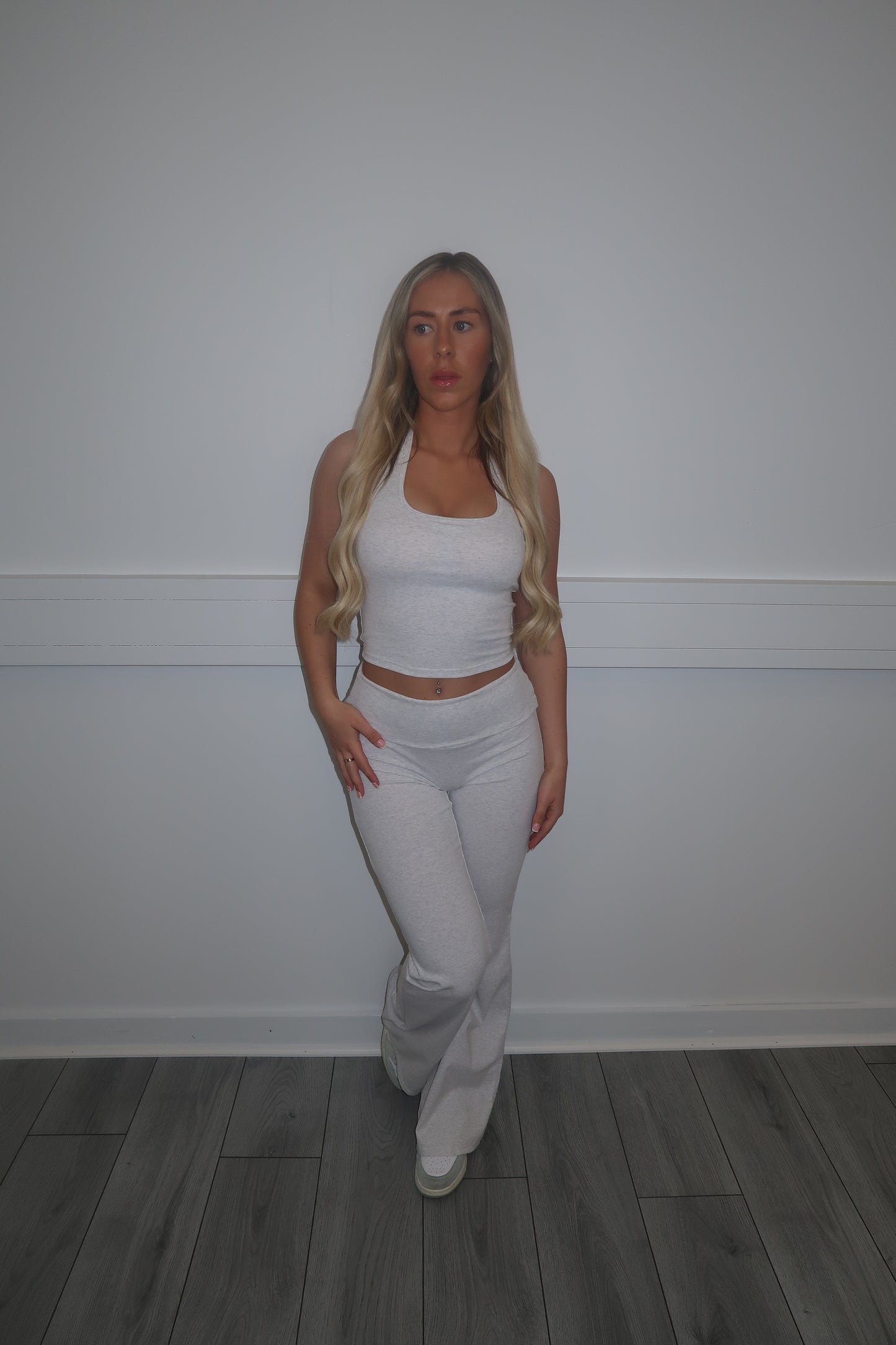Sculpt light grey marl fold over waist trousers Set