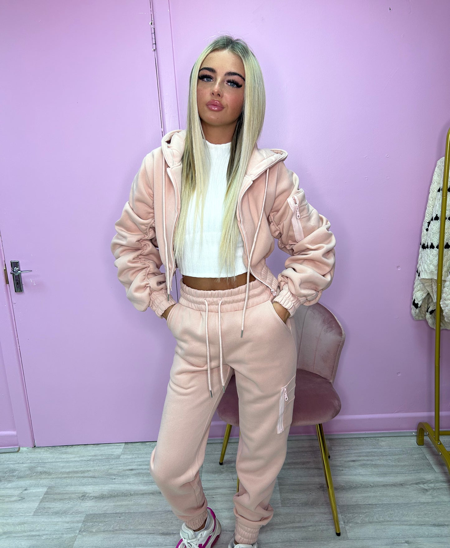Blush pink ruched sleeve tracksuit
