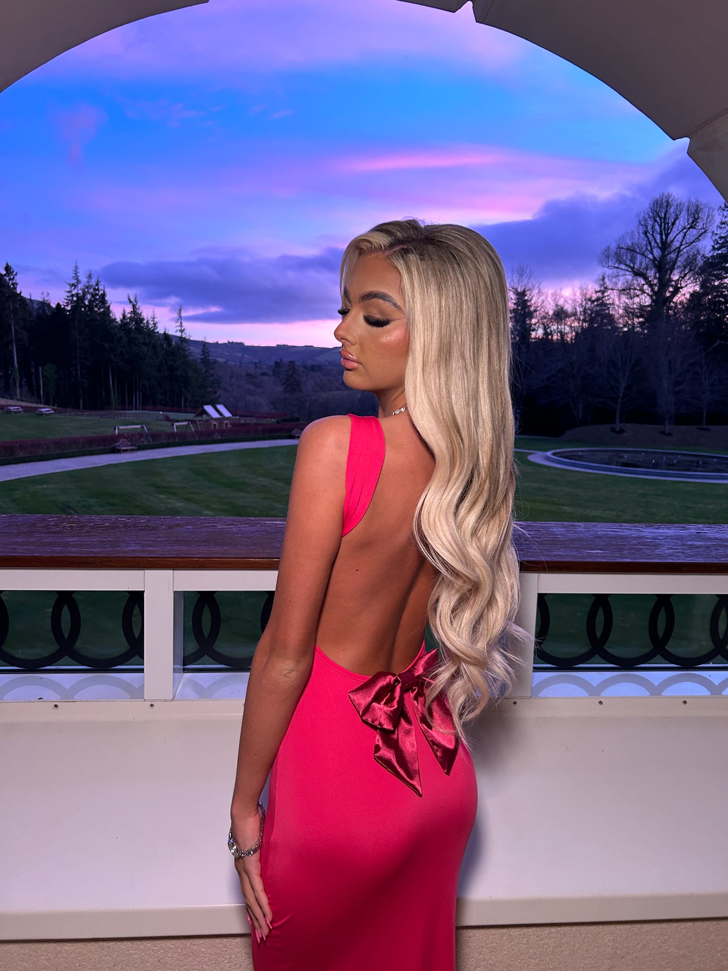 ‘Khloe’ pink open back bow dress