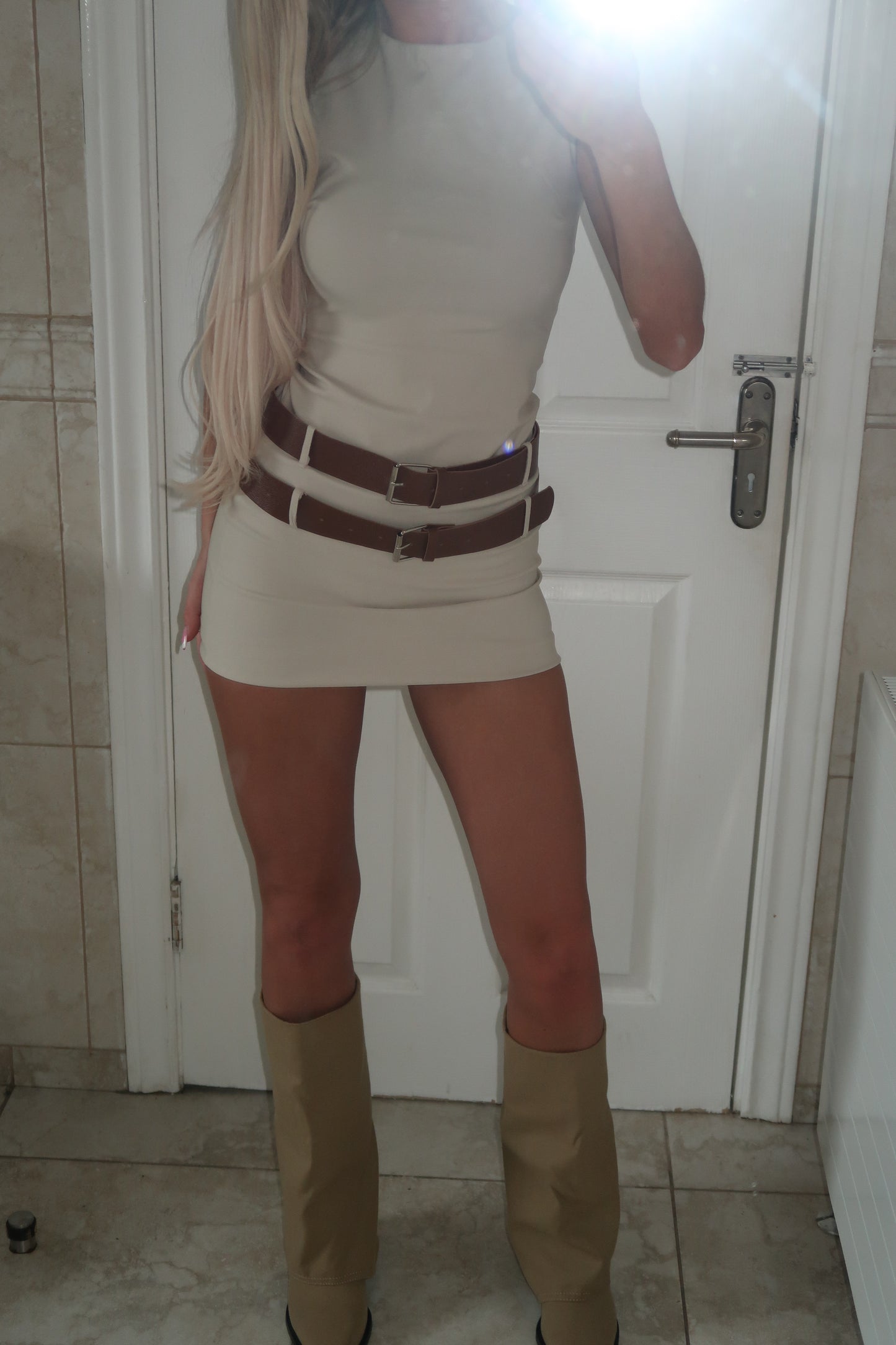 Beige Double Belted Round Neck Mini Dress