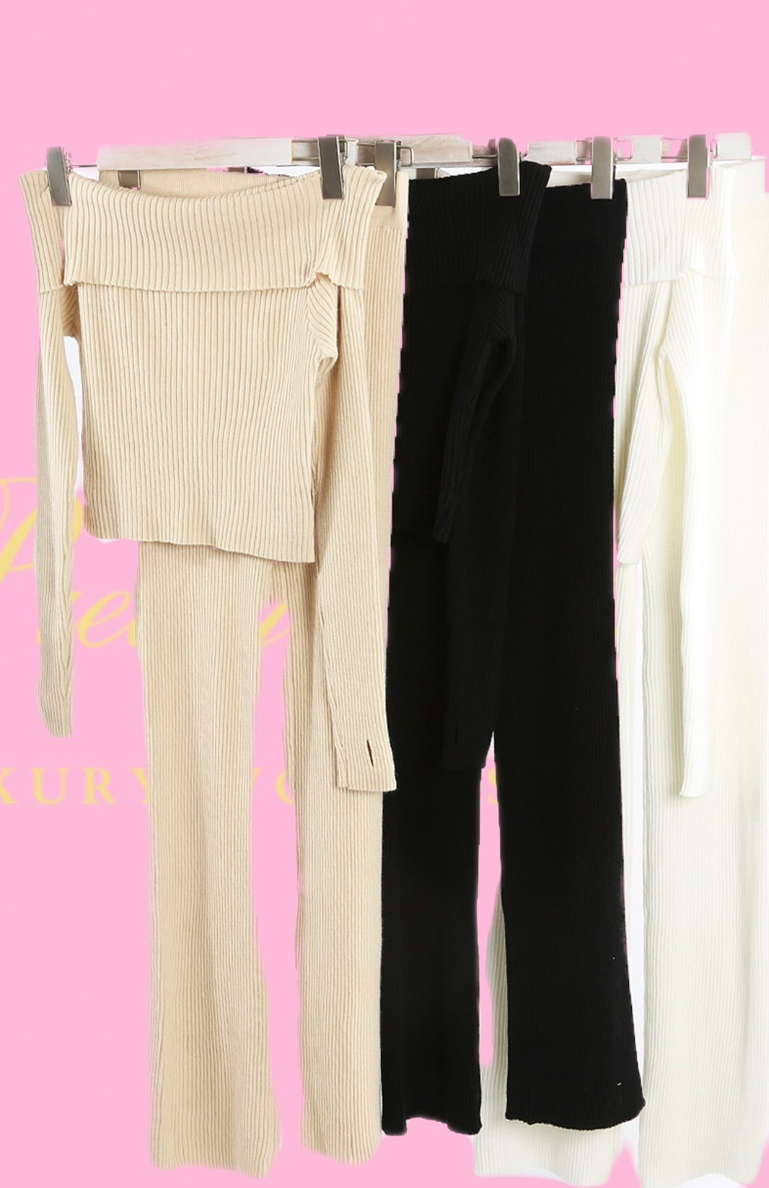 Black Off the shoulder knitted jumper and wide leg trouser set