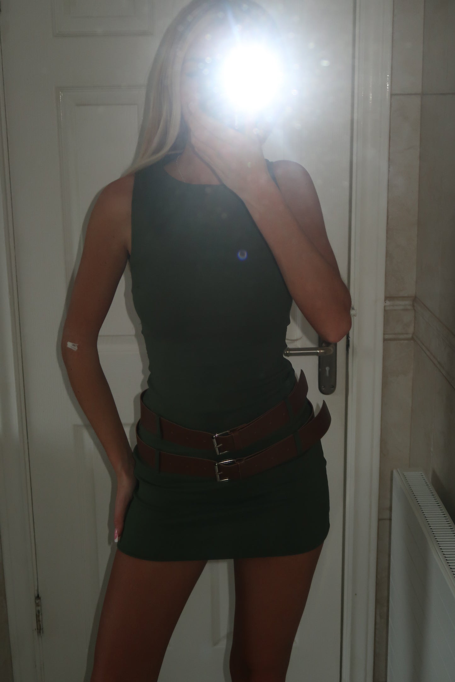 Khaki Double Belted Round Neck Mini Dress