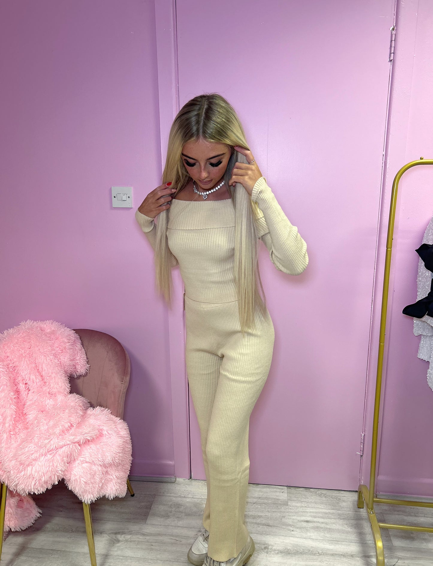 Beige Off the shoulder knitted jumper and trousers set