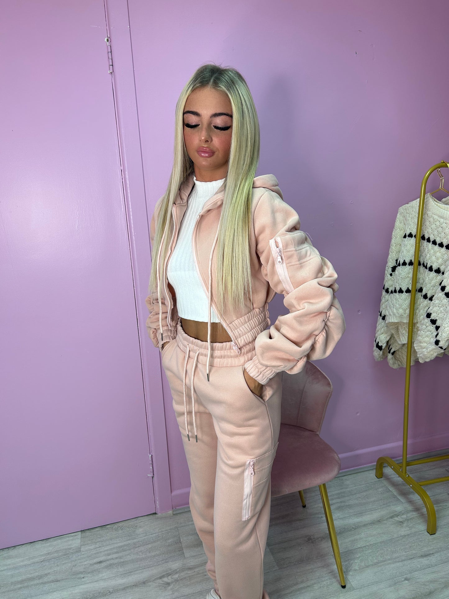Blush pink ruched sleeve tracksuit