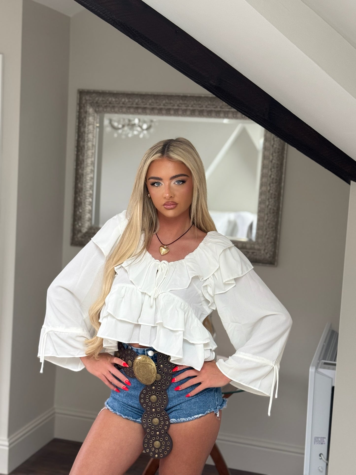 White Cropped Ruffle Blouse