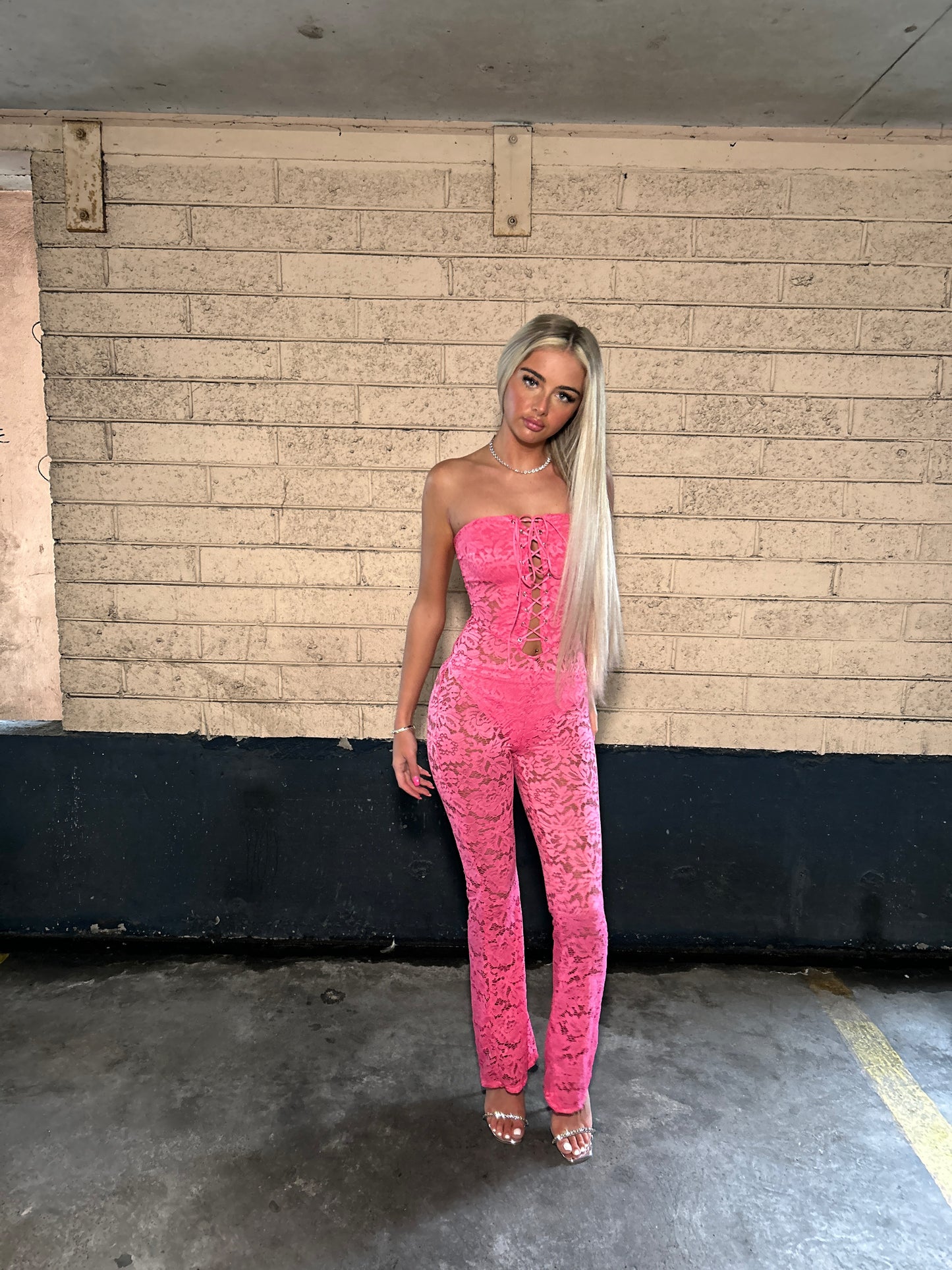 Pink lace tie front jumpsuit