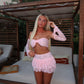 LIMITED EDITION HAND MADE AND DESIGNED IN HOUSE: Baby pink frilly Rara skirt top and sleeves three piece