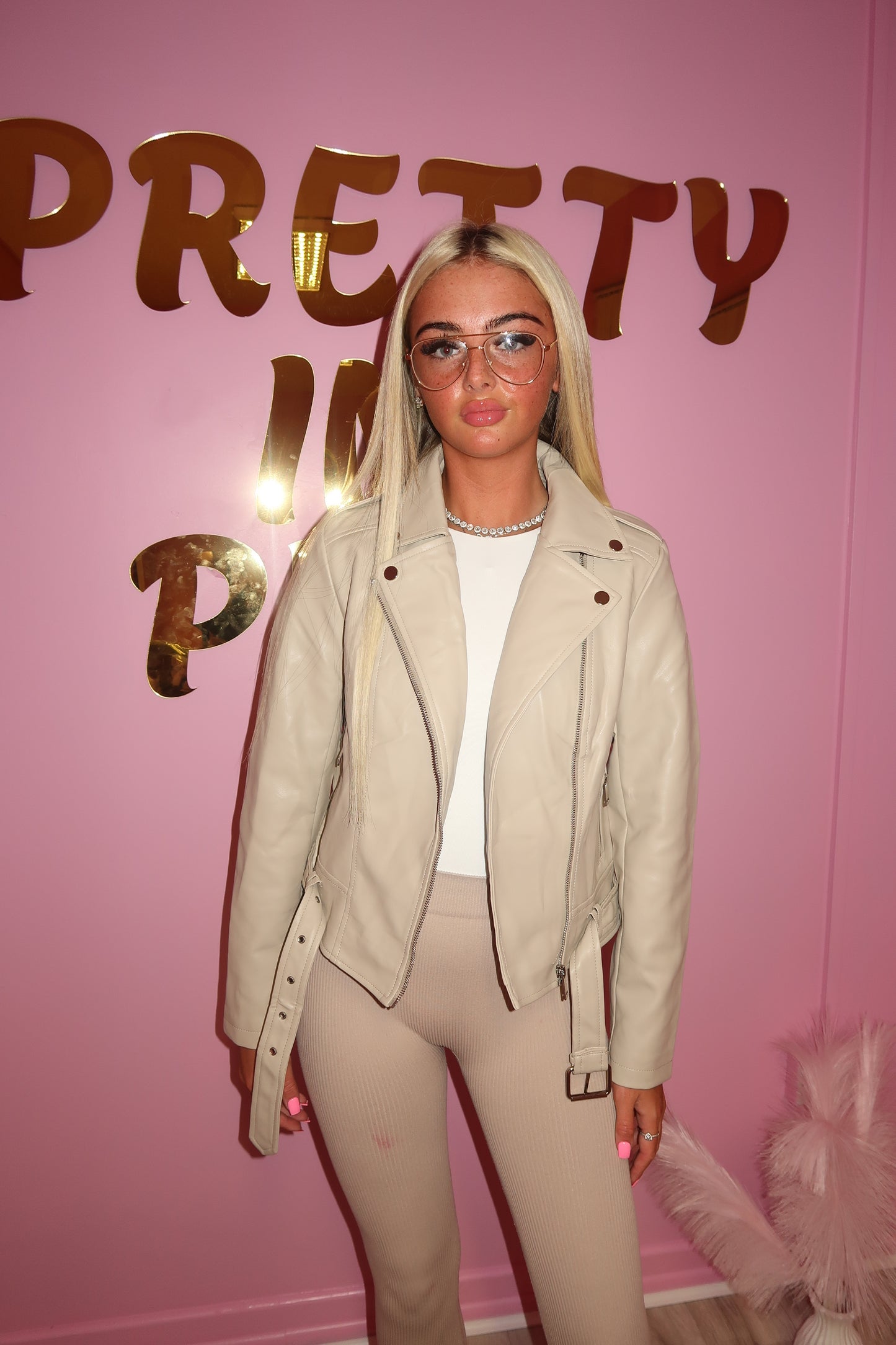 PU Cream Belted Zip Up Biker Jacket