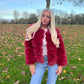 Luxury wine faux fur 3/4 sleeve coat
