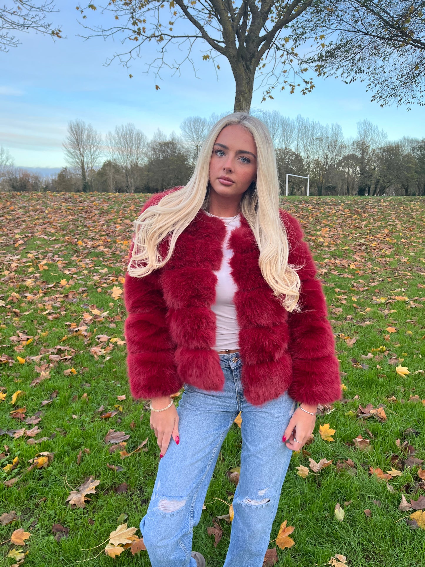 Luxury wine faux fur 3/4 sleeve coat