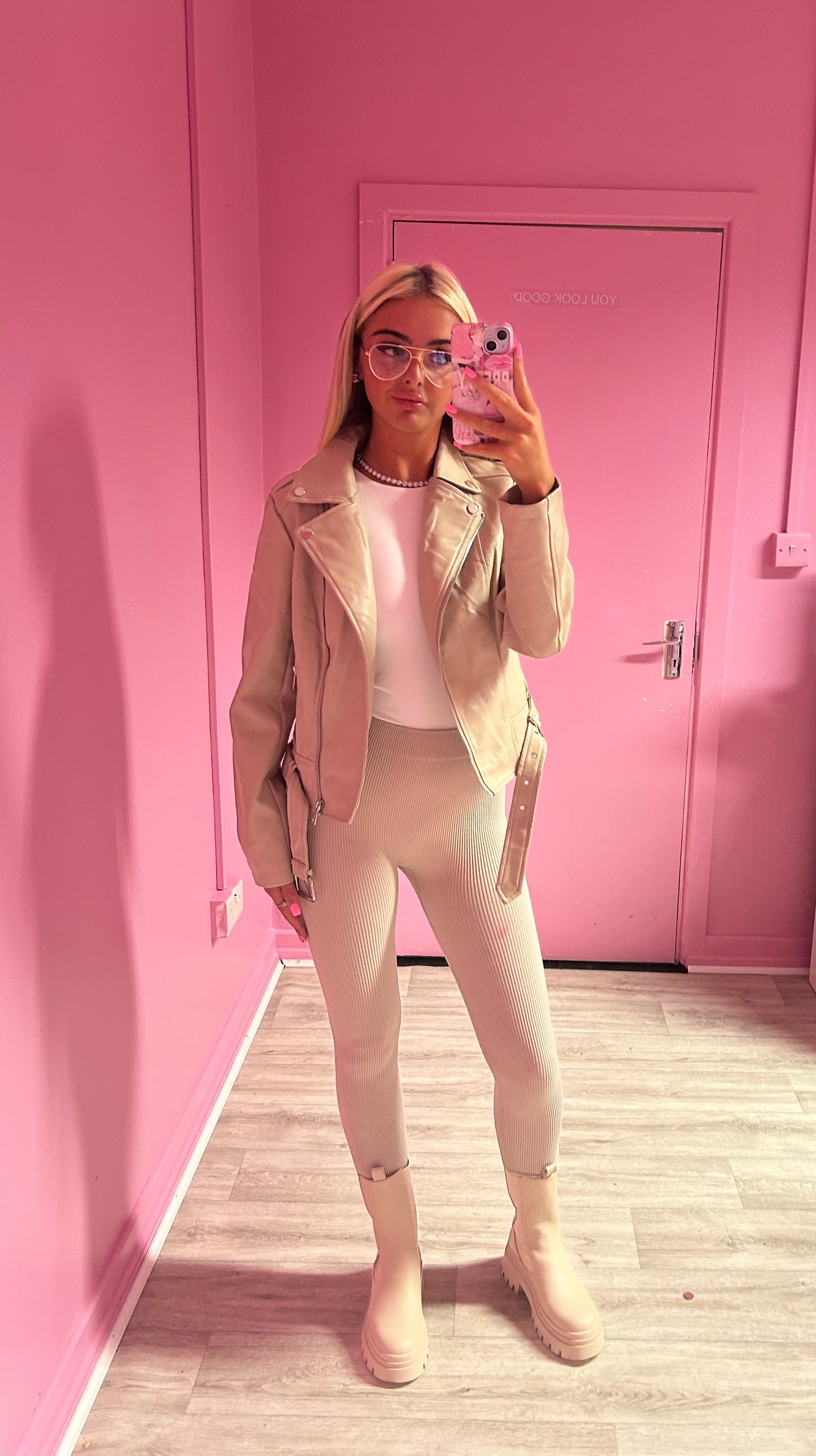 PU Cream Belted Zip Up Biker Jacket